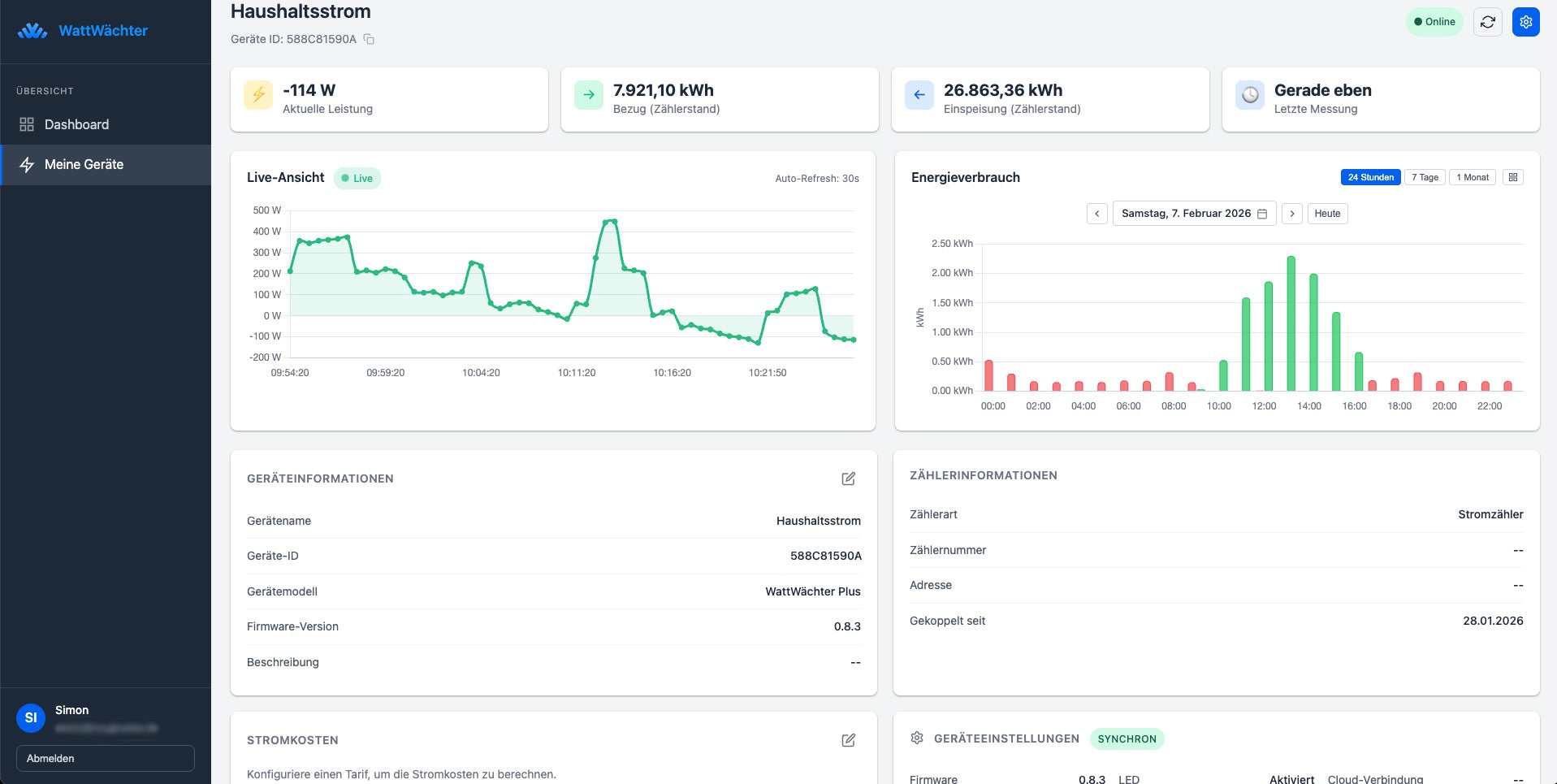 WattWächter Cloud Portal – Dashboard mit Live-Verbrauch und Statistiken