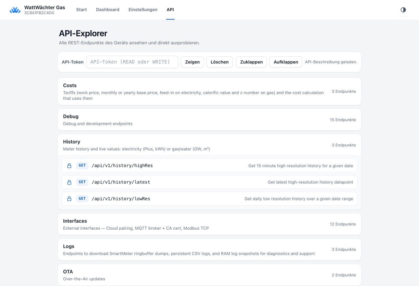 API-Explorer des WattWächter Gas – alle REST-Endpunkte im Browser ausprobieren